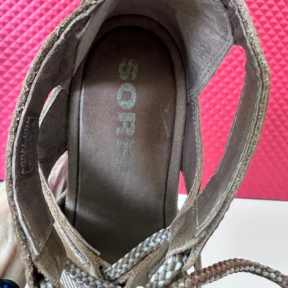 Boho Sorel Joanie II Lace Wedge Sandals Brown Leather Women Size 8 - Picture 11 of 11